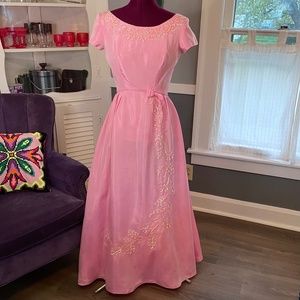 Incredibale Vintage late 50's Emma Domb Pink Maxi Gown W/Seqin Accents